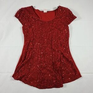 Blum Red Lace Sequin Top Medium Cap Sleeve Party Holiday Evening Blouse